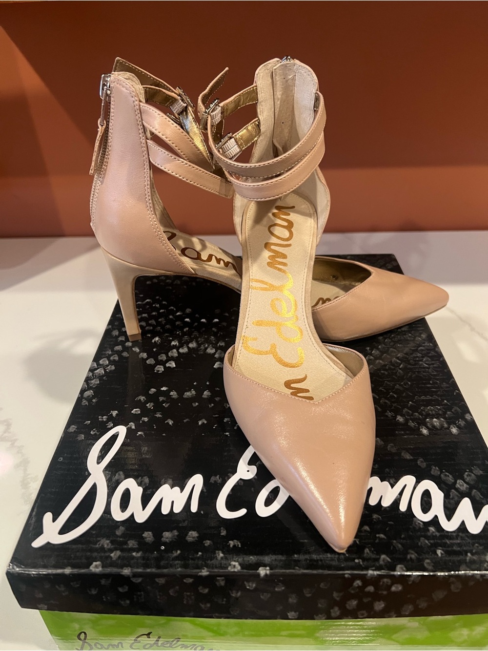 Sam Edelman nude Blush Pointed-Toe Ankle-Strap Heels